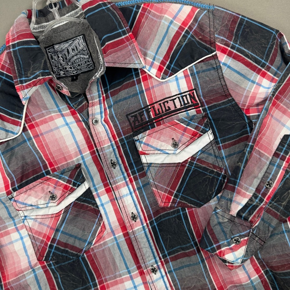 Affliction Shirt Mens Large Red Plaid Excellent Black Premium Western Y2K Goth